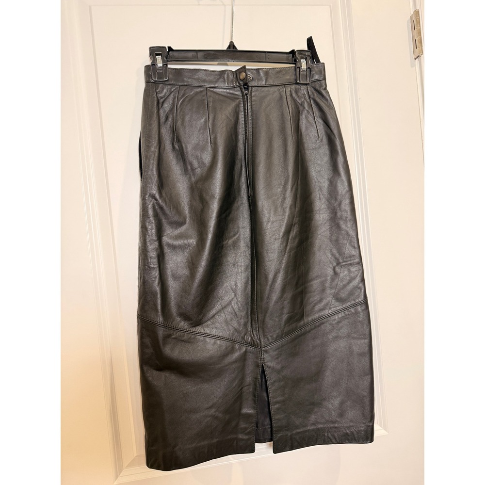 Pelle Cuir Black Leather Midi Skirt Pleated Waist Back Slit Size 8